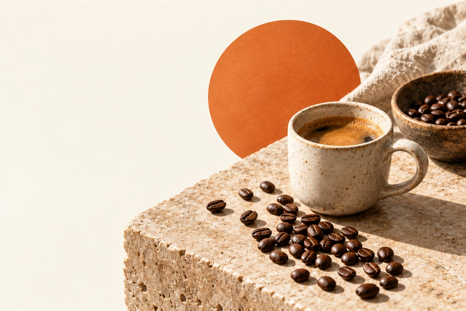 A handmade ceramic cup of espresso beside coffee beans on warm stone