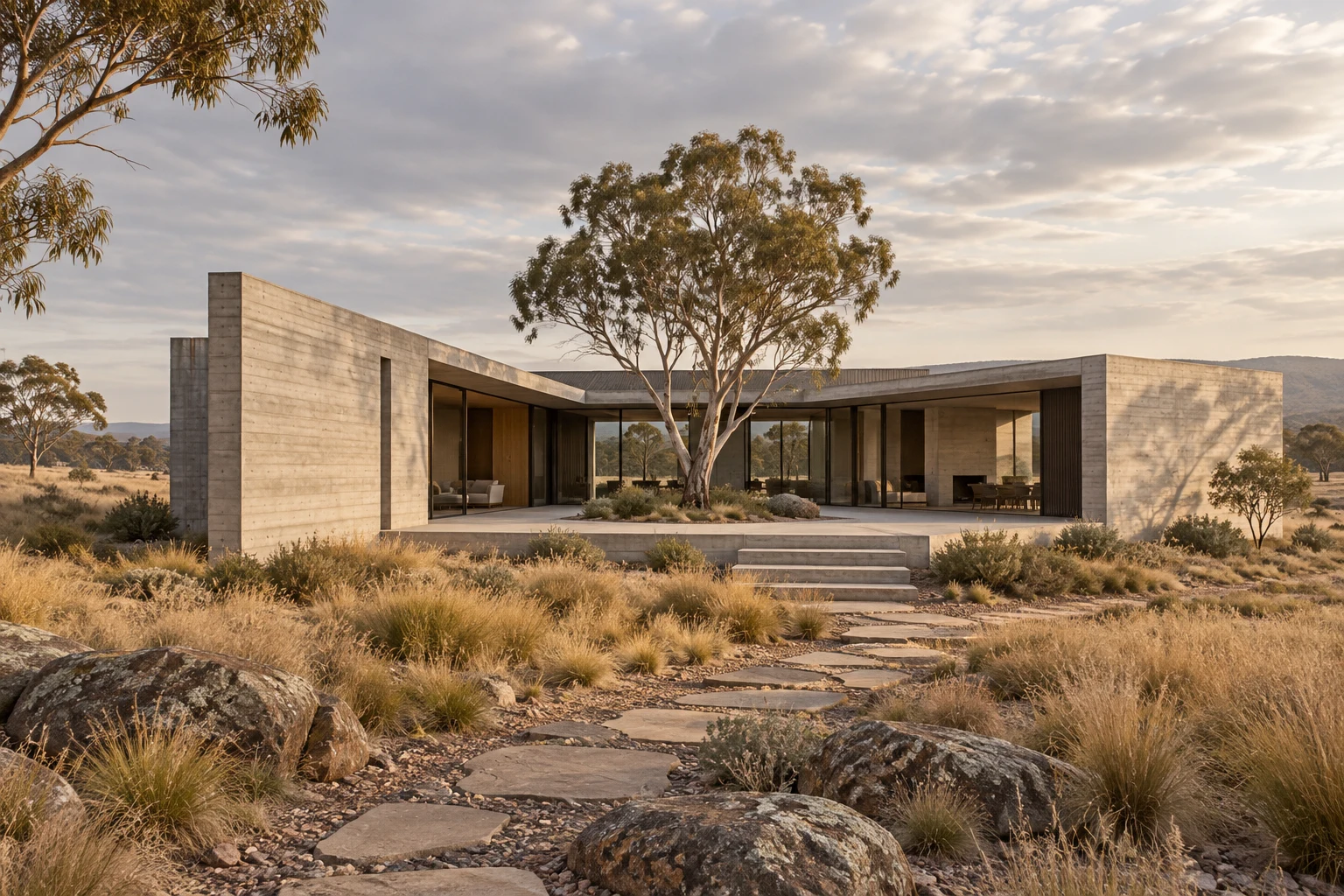 Concrete courtyard house with a sheltered terrace and native planting