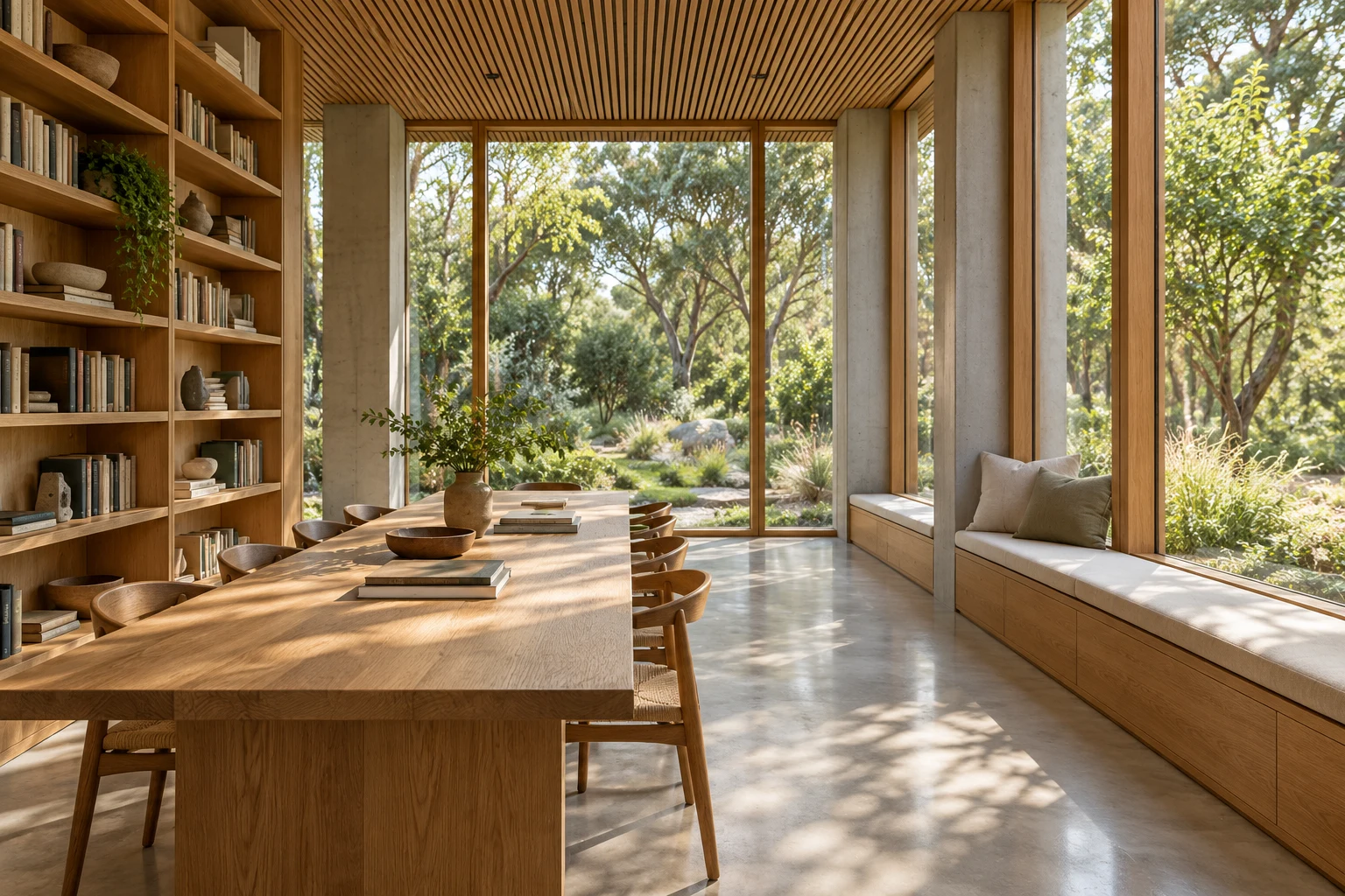 Architectural visualisation of a quiet timber reading room with tall windows overlooking a garden