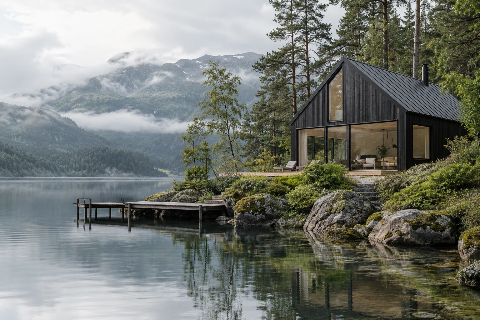 A timber cabin beside a calm forest lake, with mist over the surrounding hills