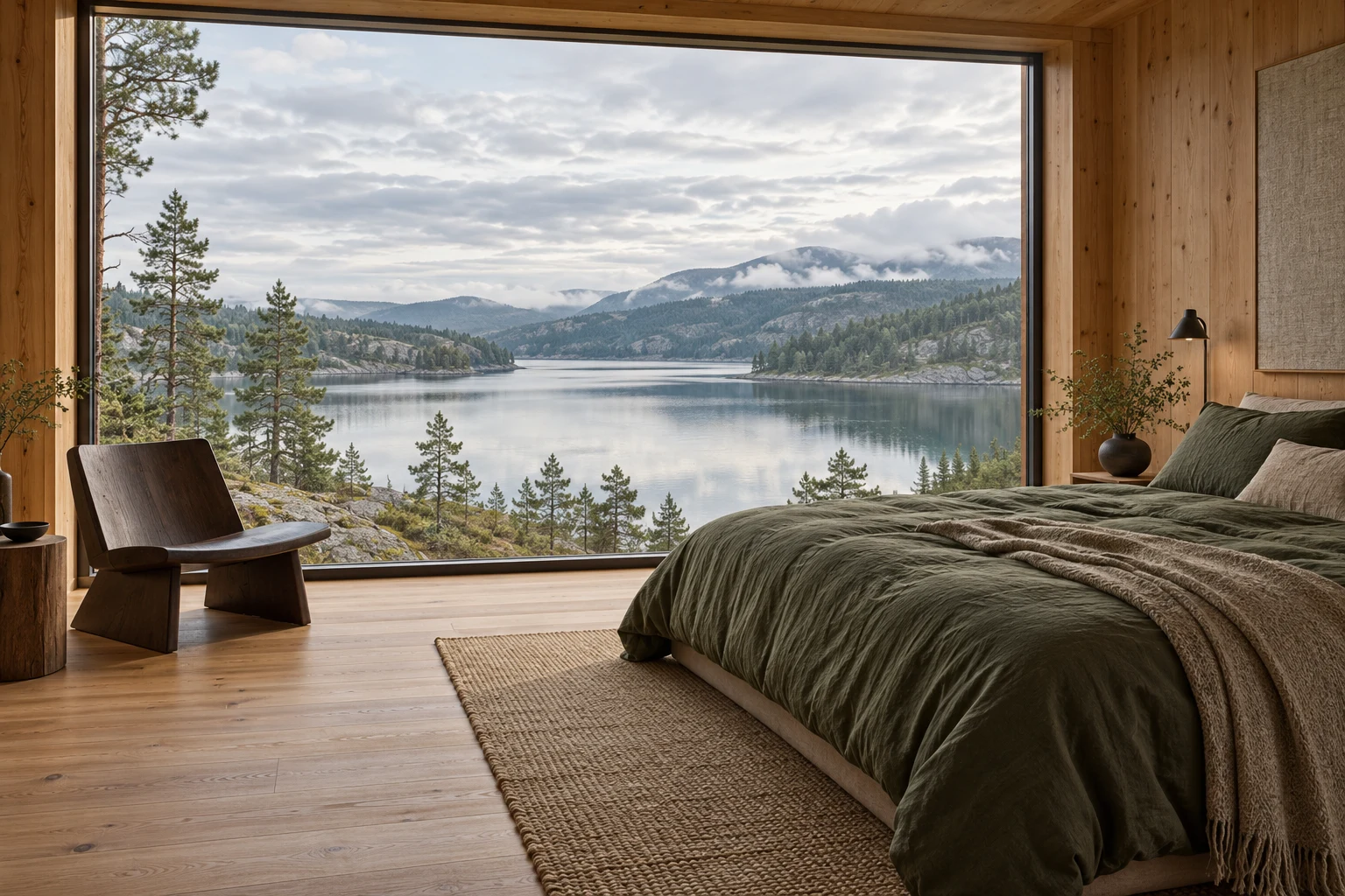 Timber bedroom with olive linen and a floor-to-ceiling view of the lake