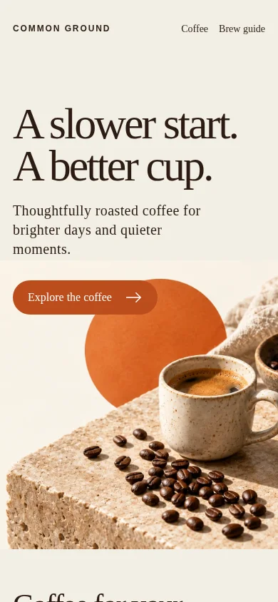 Common Ground coffee website at a mobile viewport