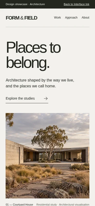 Form and Field architecture website at a mobile viewport