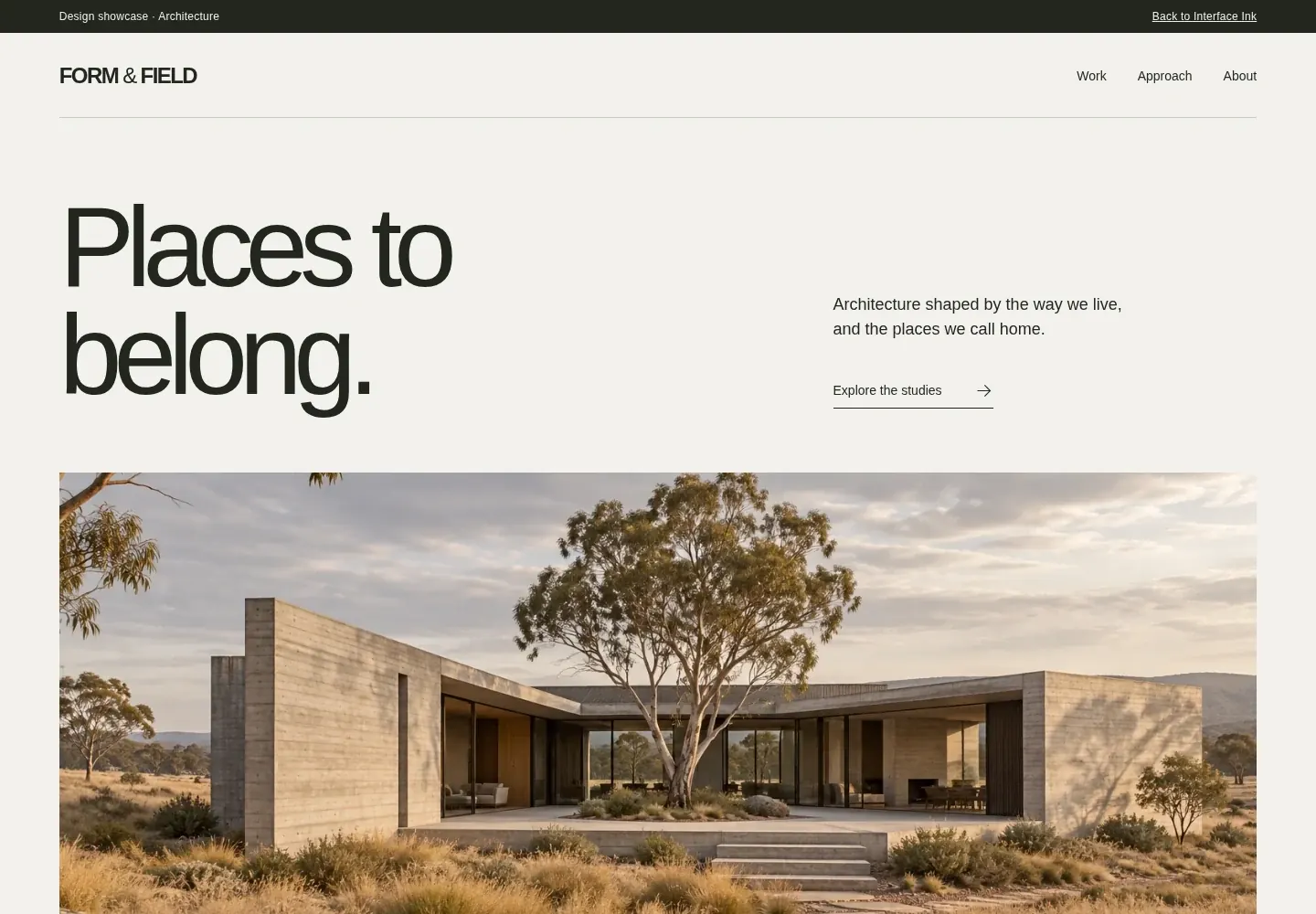 Form and Field architecture website with original courtyard house imagery