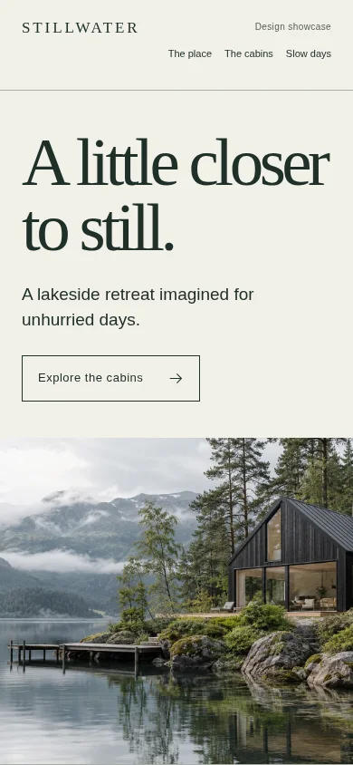 Stillwater lakeside retreat website at a mobile viewport