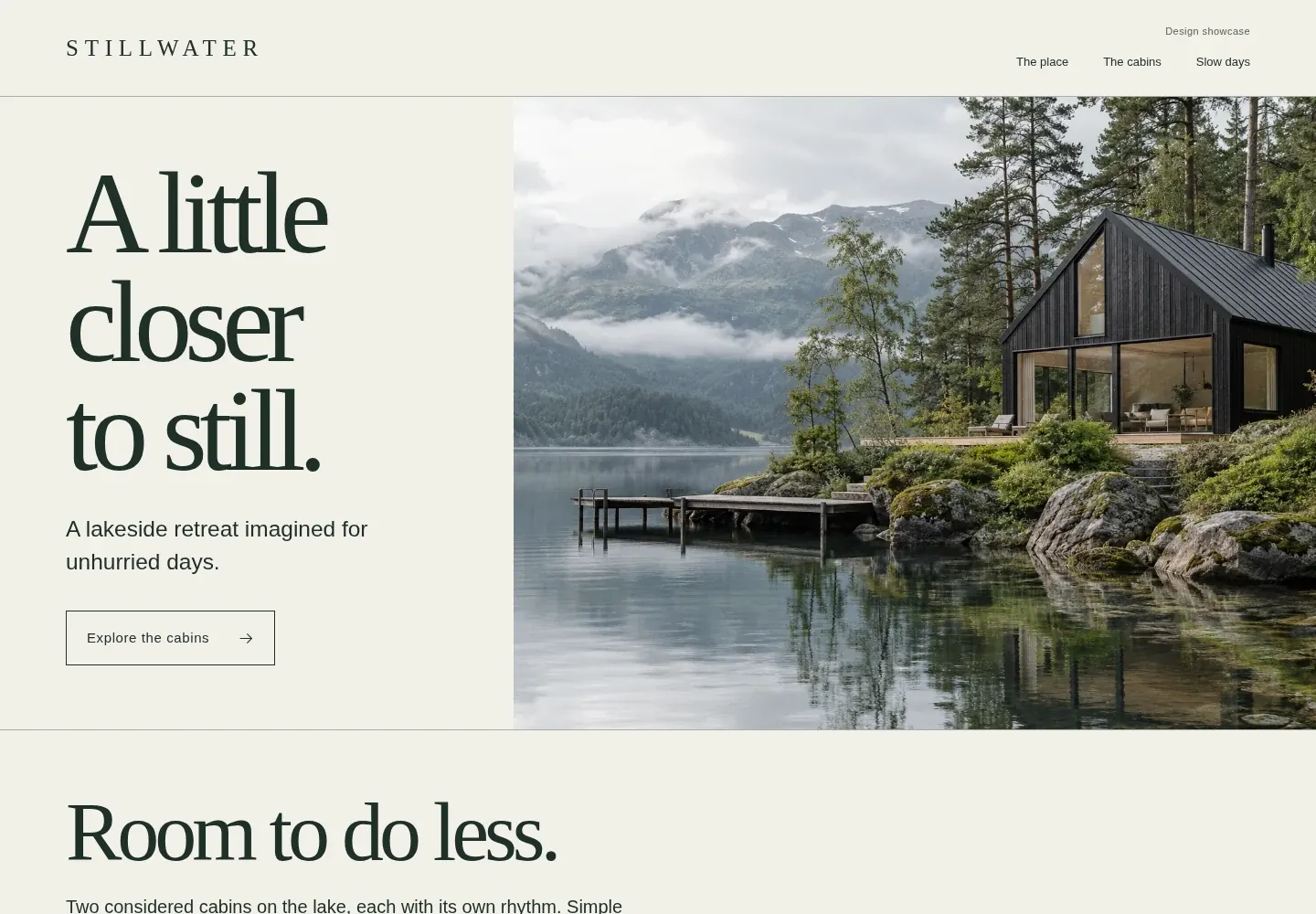 Stillwater retreat website featuring a lakeside cabin